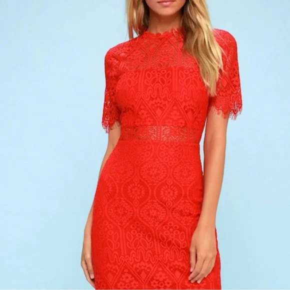 Lulus Remarkable Red Lace Dress/Shirt Sleeve/Cocktail/Size M - Picture 13 of 13